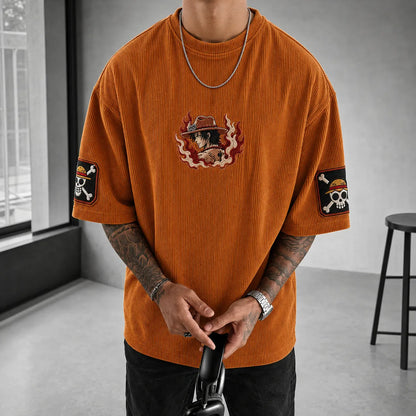 Unisex Anime-Style Retro Corduroy Oversized T-Shirt
