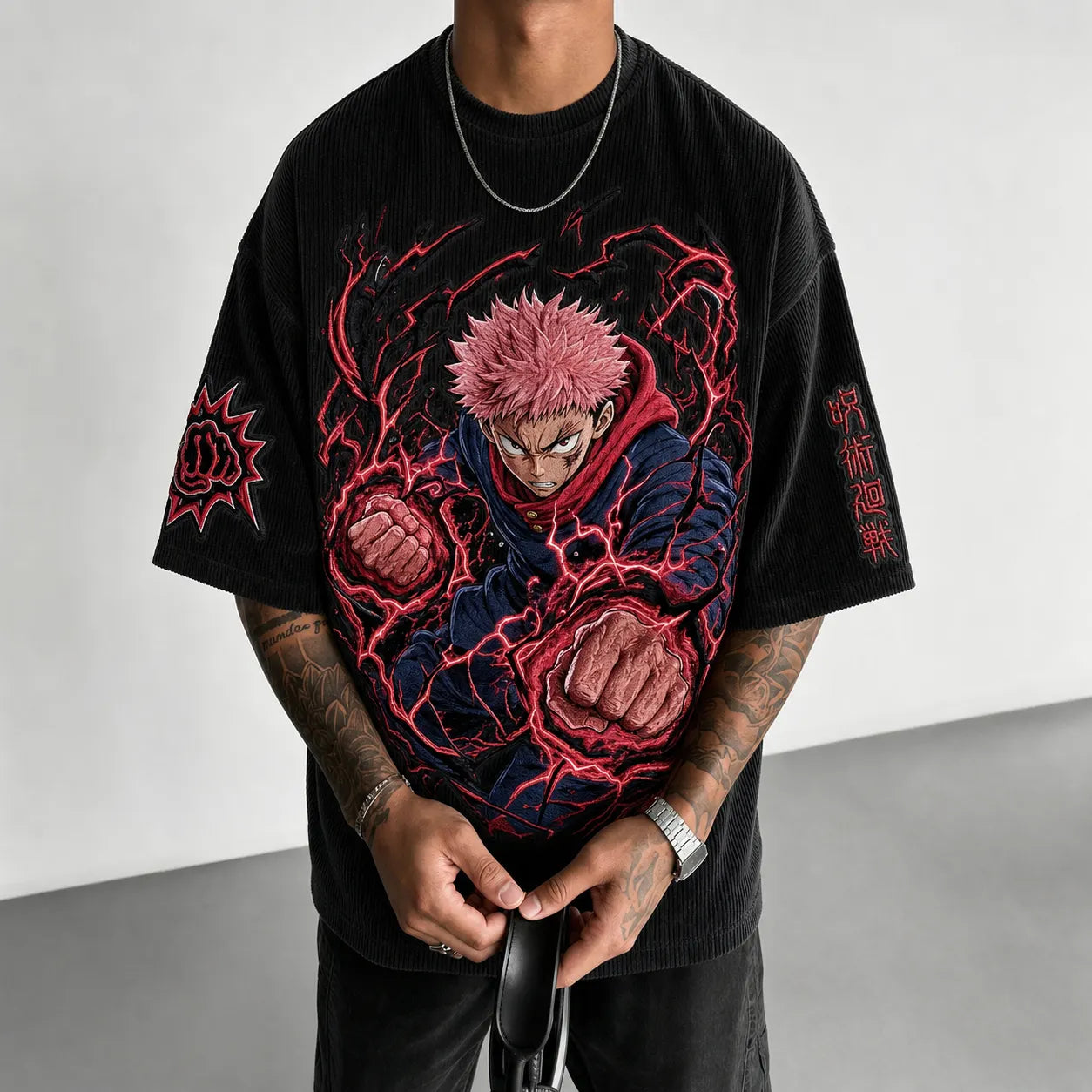 Unisex Anime Print Short-Sleeve Corduroy T-Shirt
