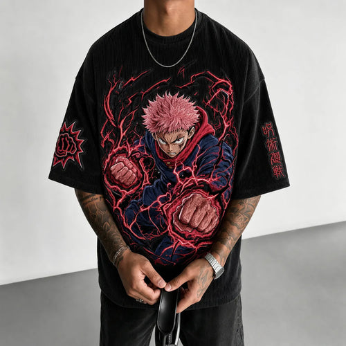 Unisex Anime Print Short-Sleeve Corduroy T-Shirt