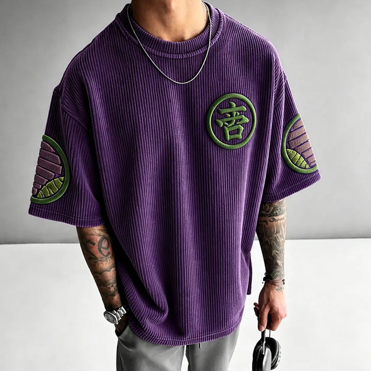 Unisex Anime-Style Retro Corduroy Oversized T-Shirt