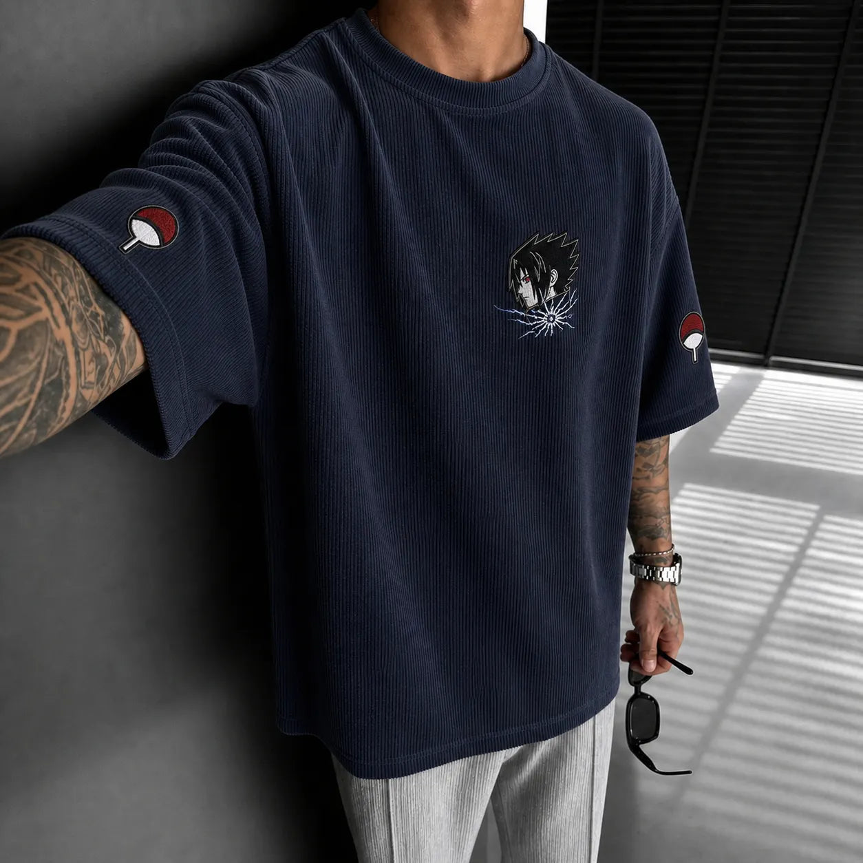 Unisex Oversized Anime-Print Vertical-Stripe Short-Sleeve T-Shirt