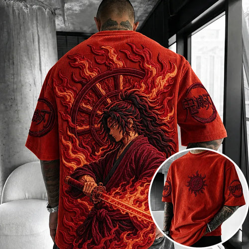 Unisex Oversized Anime-Print Vertical-Stripe Short-Sleeve T-Shirt
