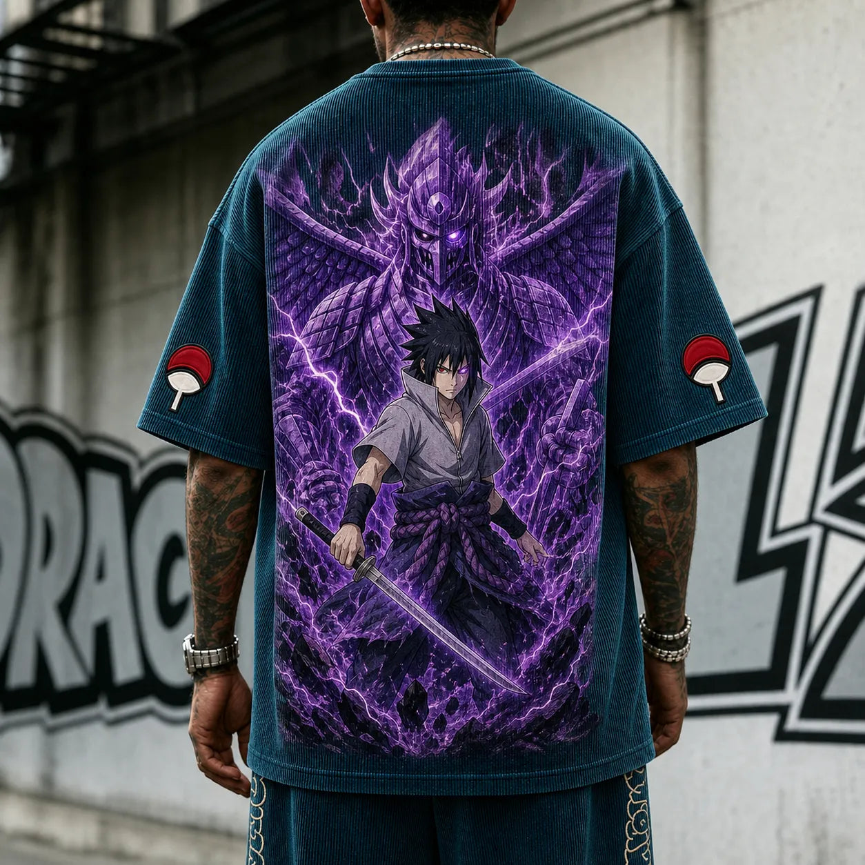 Unisex Oversized Anime-Print Vertical-Stripe Short-Sleeve T-Shirt