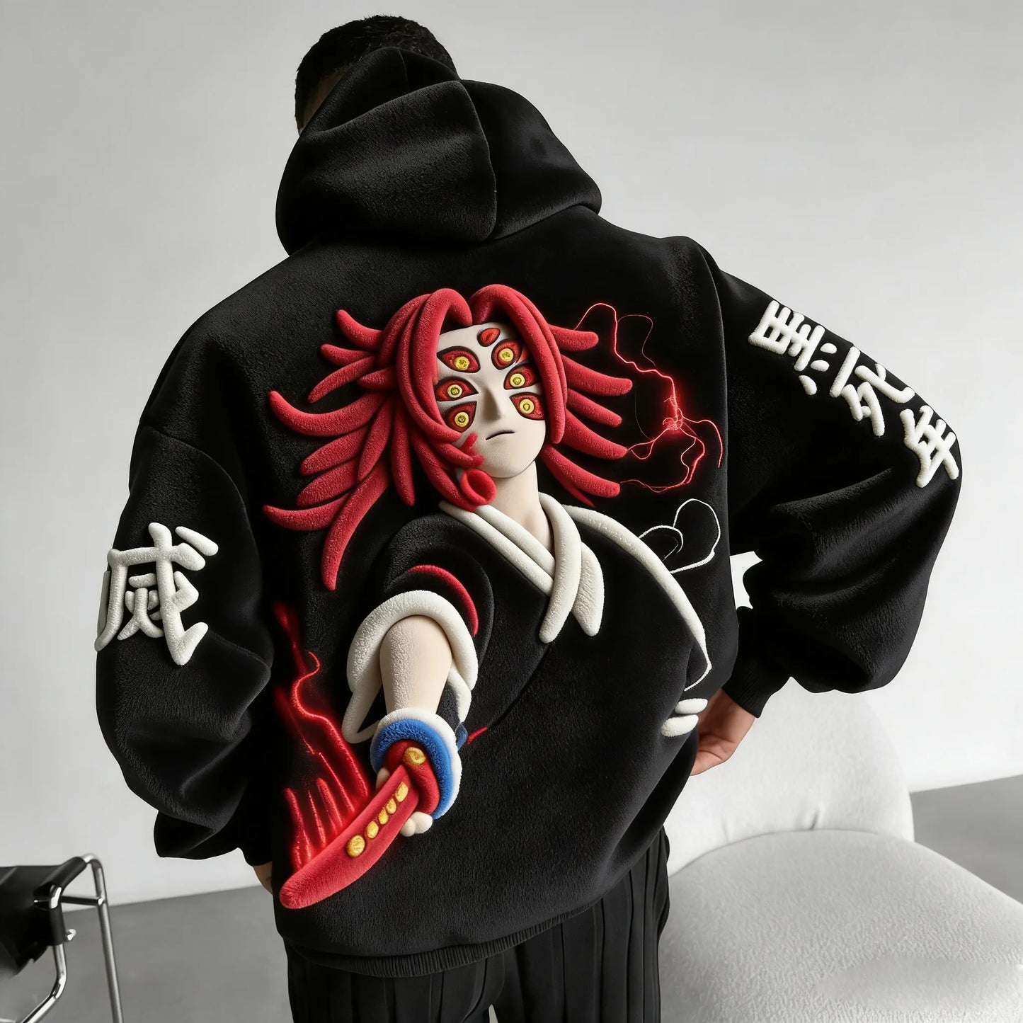 Men :Kibutsuji Muzan Color-blocked Plush Hoodie