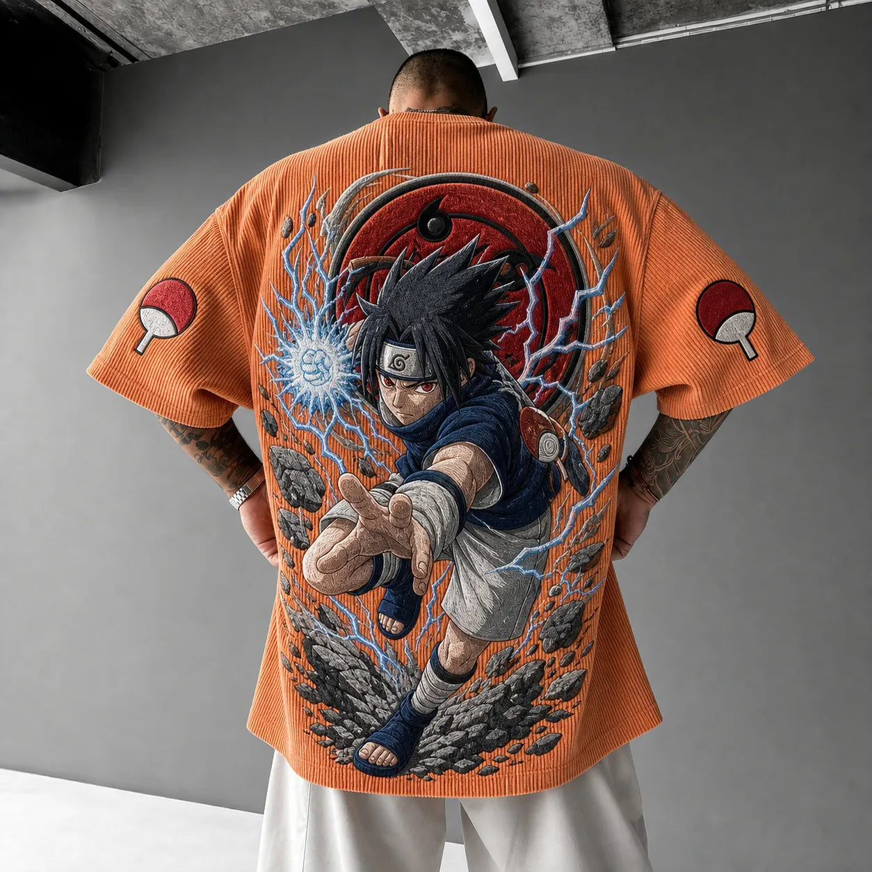 Unisex Oversized Anime-Print Vertical-Stripe Short-Sleeve T-Shirt