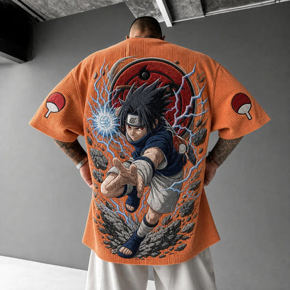 Unisex Oversized Anime-Print Vertical-Stripe Short-Sleeve T-Shirt