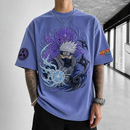 Unisex Oversized Anime-Print Vertical-Stripe Short-Sleeve T-Shirt