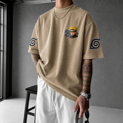 Unisex Oversized Anime-Print Vertical-Stripe Short-Sleeve T-Shirt
