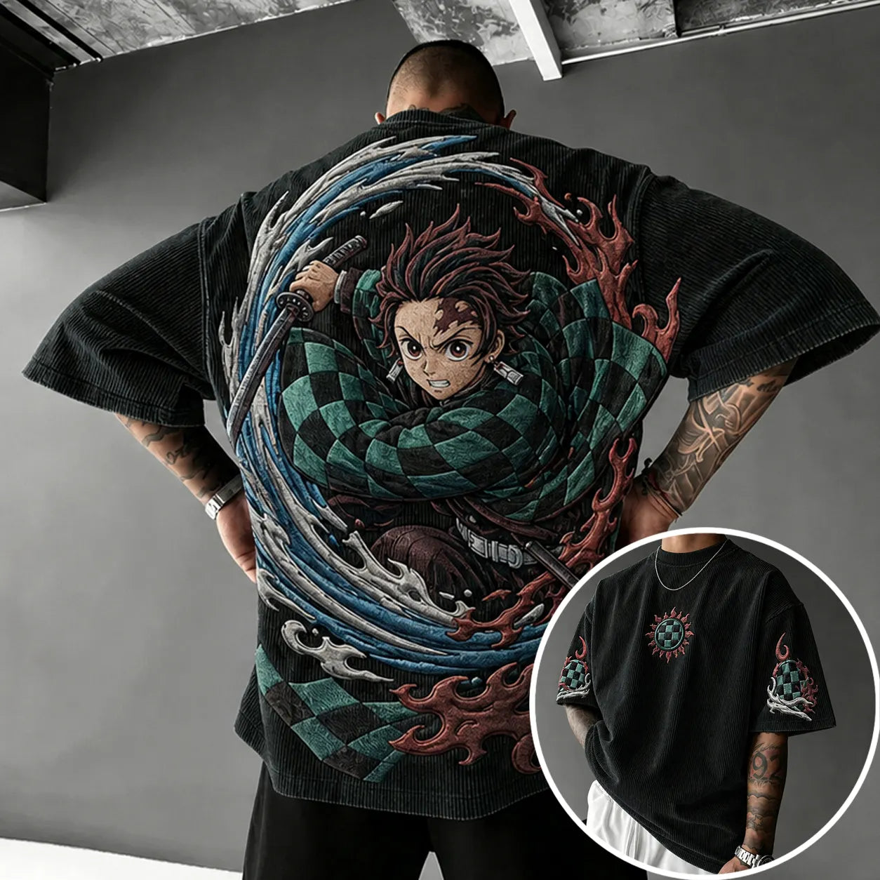 Unisex Anime-Style Retro Corduroy Oversized T-Shirt