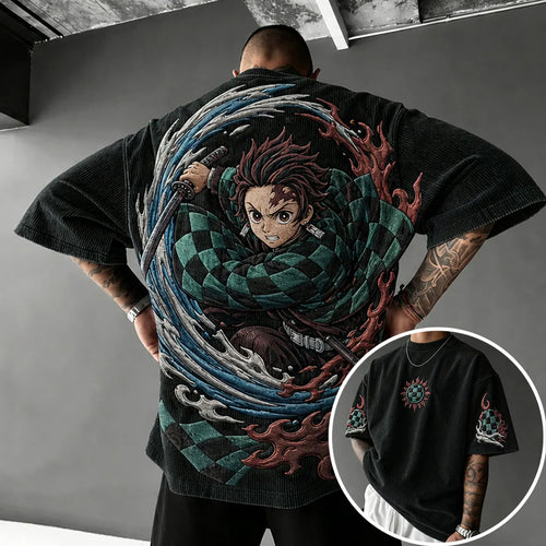 Unisex Anime-Style Retro Corduroy Oversized T-Shirt