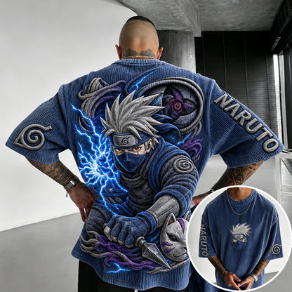 Unisex Anime-Style Retro Corduroy Oversized T-Shirt