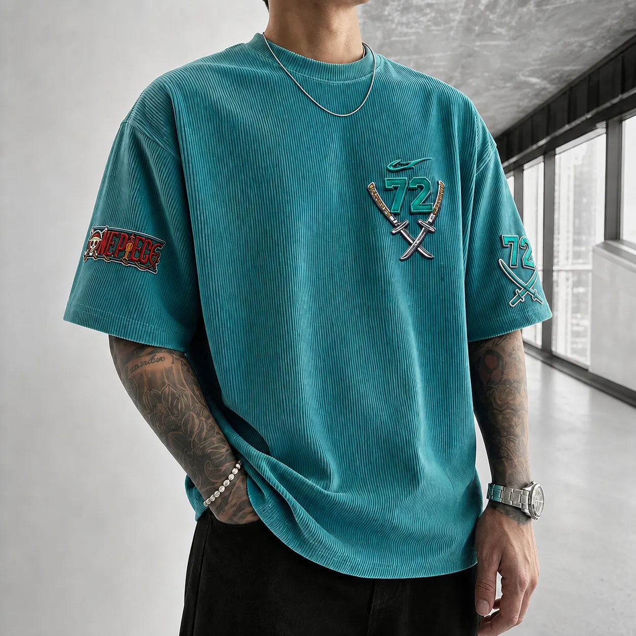 Unisex Short-Sleeve Corduroy T-Shirt With Anime Print