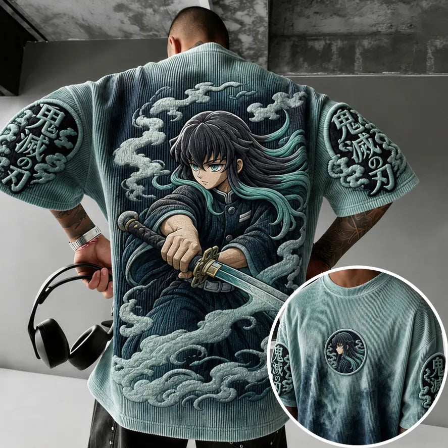 Unisex Oversized Anime-Print Vertical-Stripe Short-Sleeve T-Shirt
