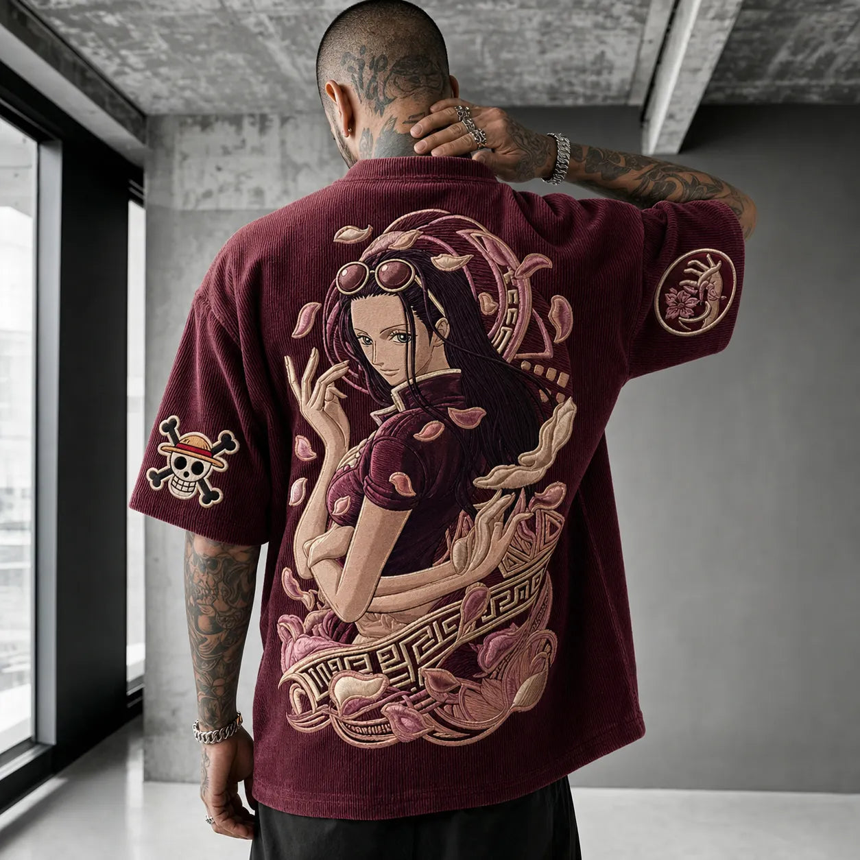 Unisex Anime-Style Retro Corduroy Oversized T-Shirt