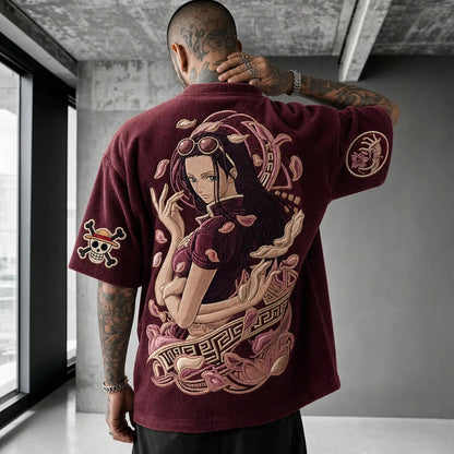 Unisex Anime-Style Retro Corduroy Oversized T-Shirt