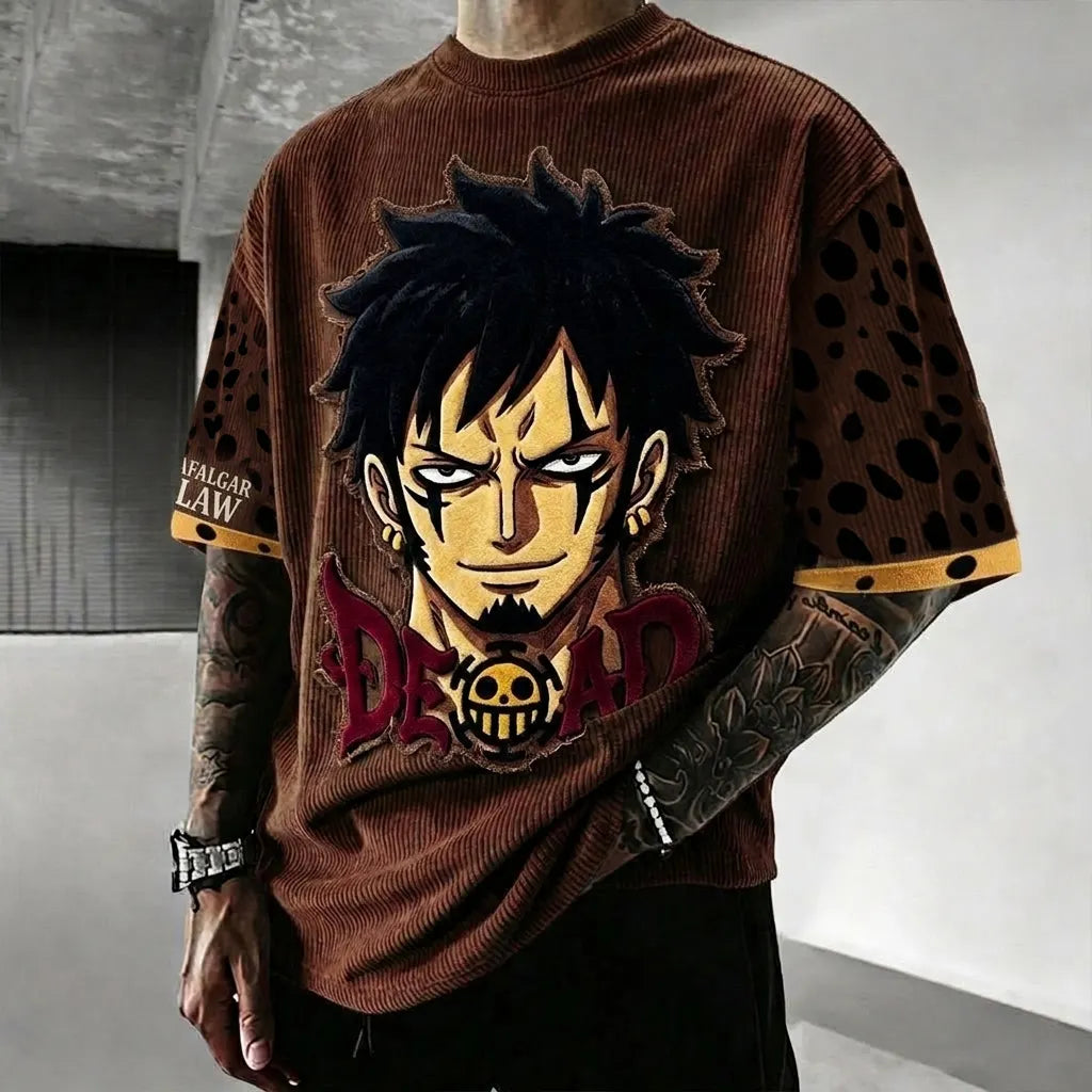 Unisex Anime-Style Retro Corduroy Oversized T-Shirt