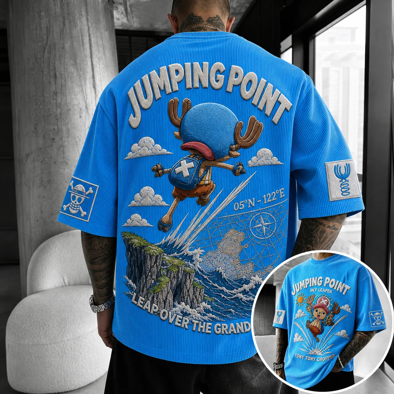 Unisex Short-Sleeve Corduroy T-Shirt With Anime Print