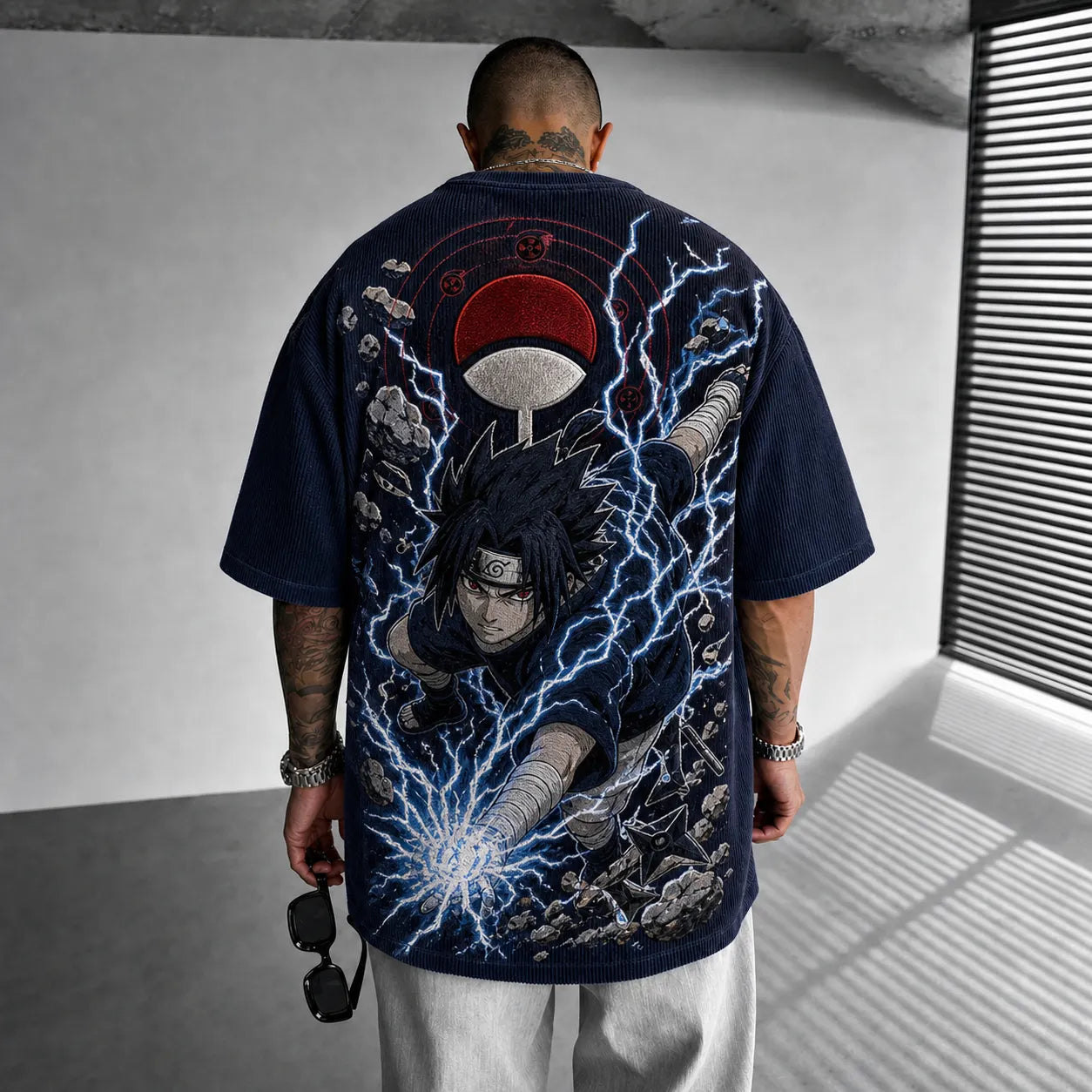 Unisex Oversized Anime-Print Vertical-Stripe Short-Sleeve T-Shirt