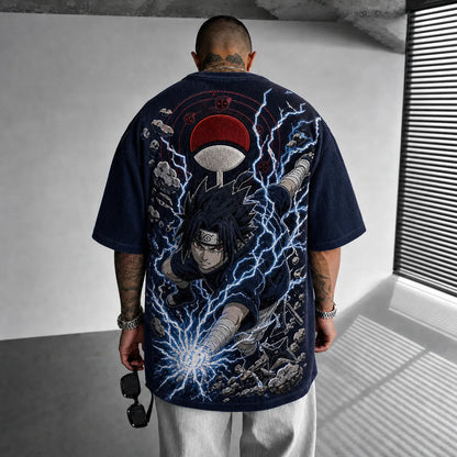 Unisex Oversized Anime-Print Vertical-Stripe Short-Sleeve T-Shirt