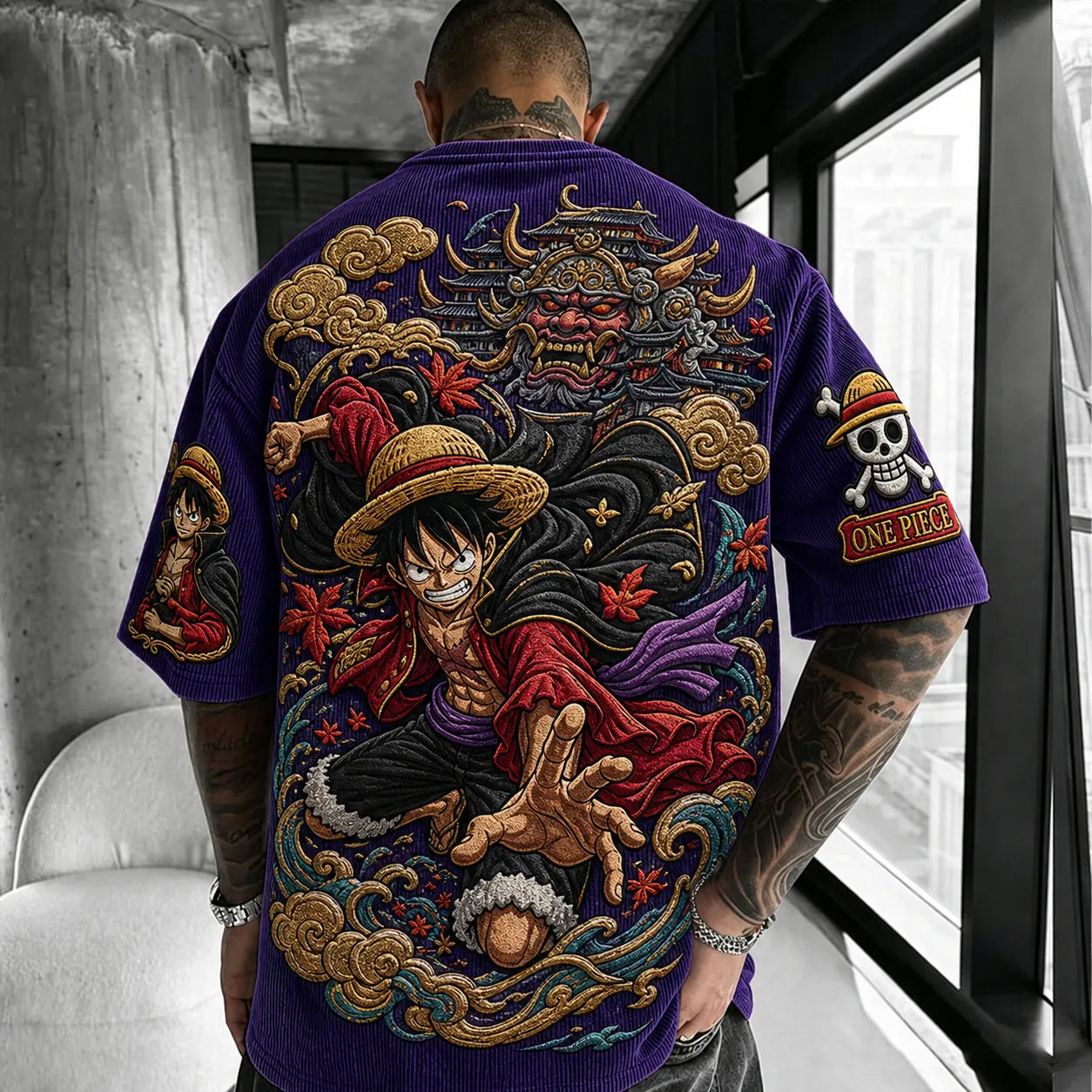 Unisex Anime-Style Retro Corduroy Oversized T-Shirt