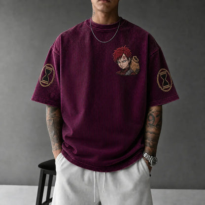 Unisex Oversized Anime-Print Vertical-Stripe Short-Sleeve T-Shirt