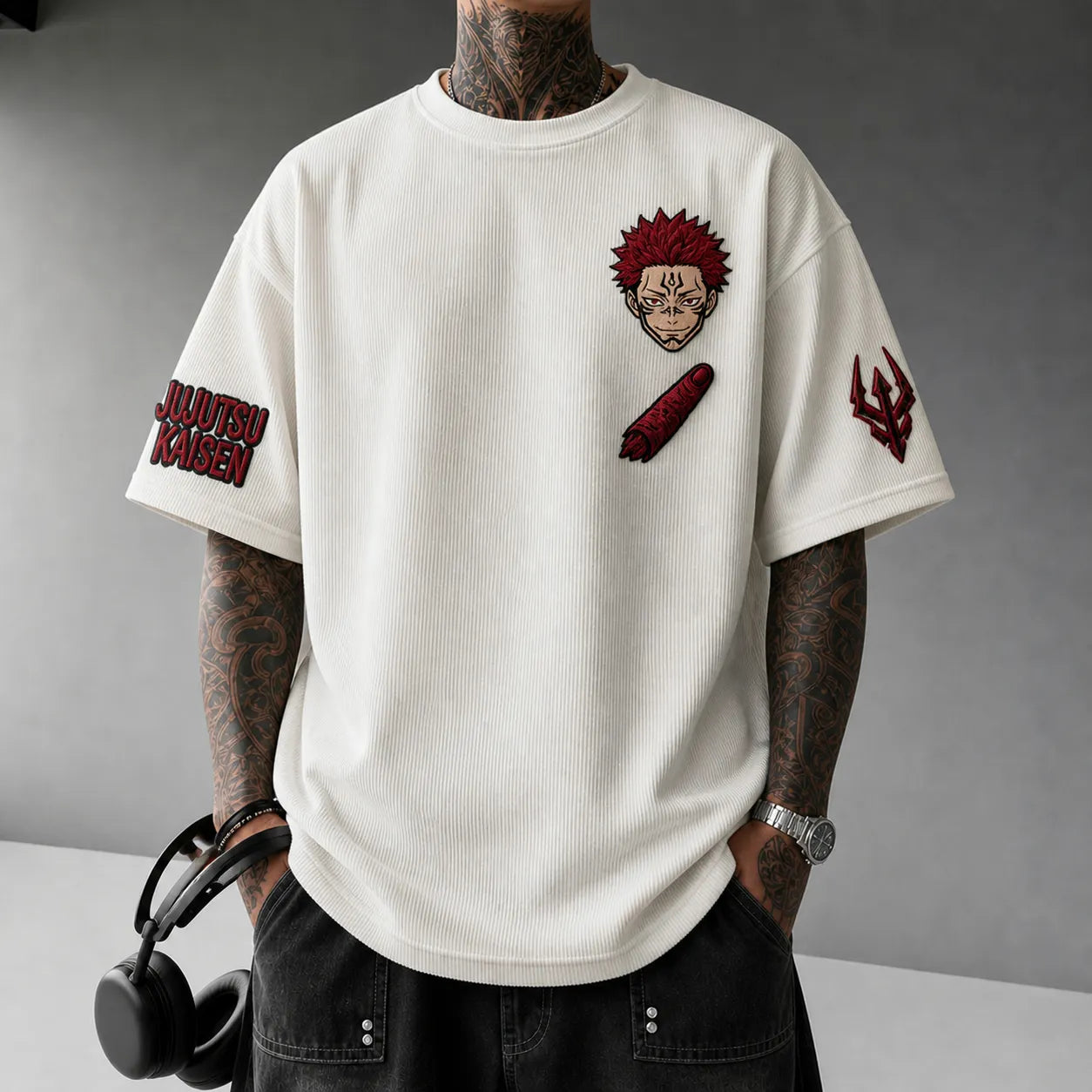 Unisex Anime Print Short-Sleeve Corduroy T-Shirt