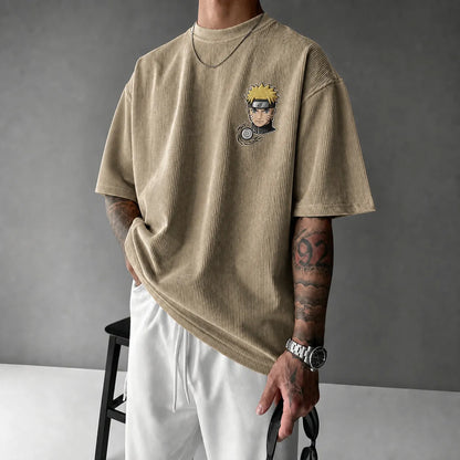 Unisex Oversized Anime-Print Vertical-Stripe Short-Sleeve T-Shirt