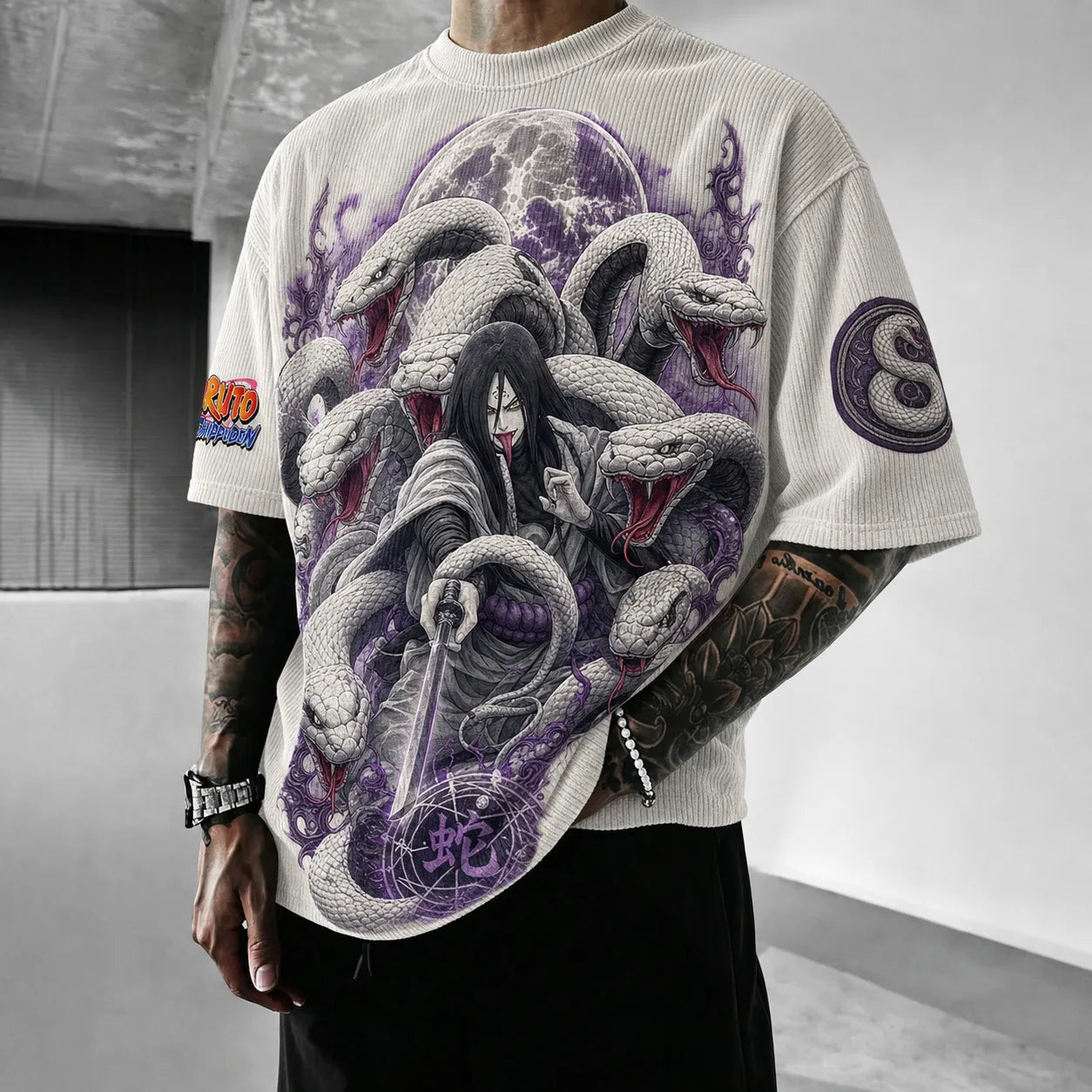 Unisex Oversized Anime-Print Vertical-Stripe Short-Sleeve T-Shirt