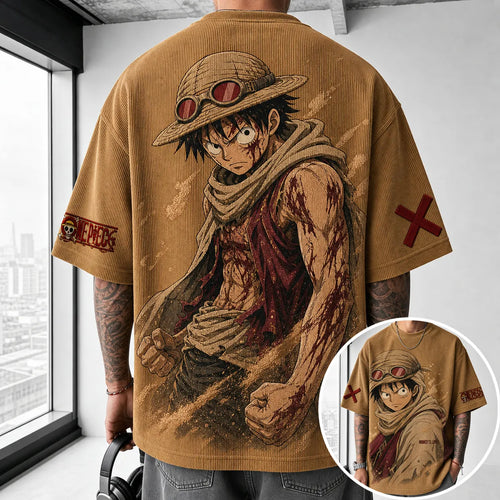 Unisex Short-Sleeve Corduroy T-Shirt With Anime Print