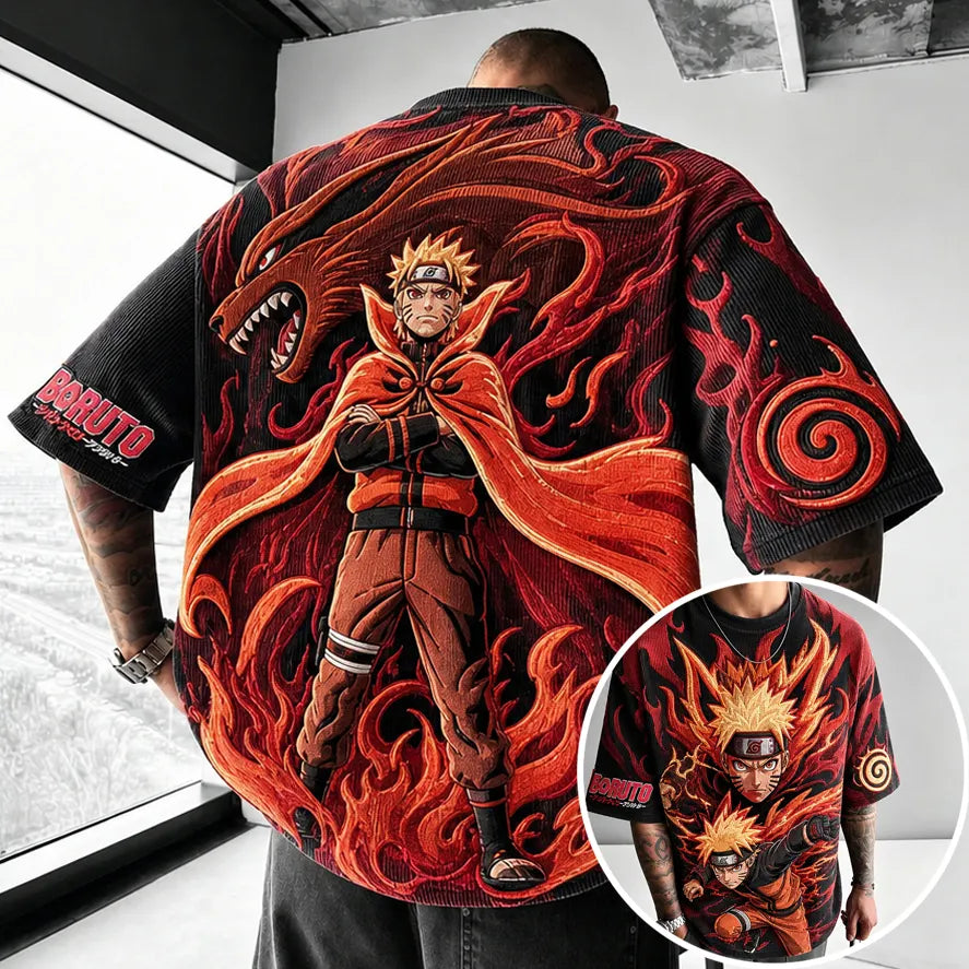 Unisex Oversized Anime-Print Vertical-Stripe Short-Sleeve T-Shirt