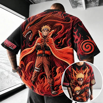 Unisex Oversized Anime-Print Vertical-Stripe Short-Sleeve T-Shirt
