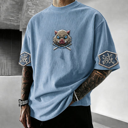 Unisex Anime-Style Retro Corduroy Oversized T-Shirt