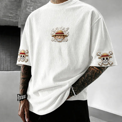 Unisex Anime-Style Retro Corduroy Oversized T-Shirt