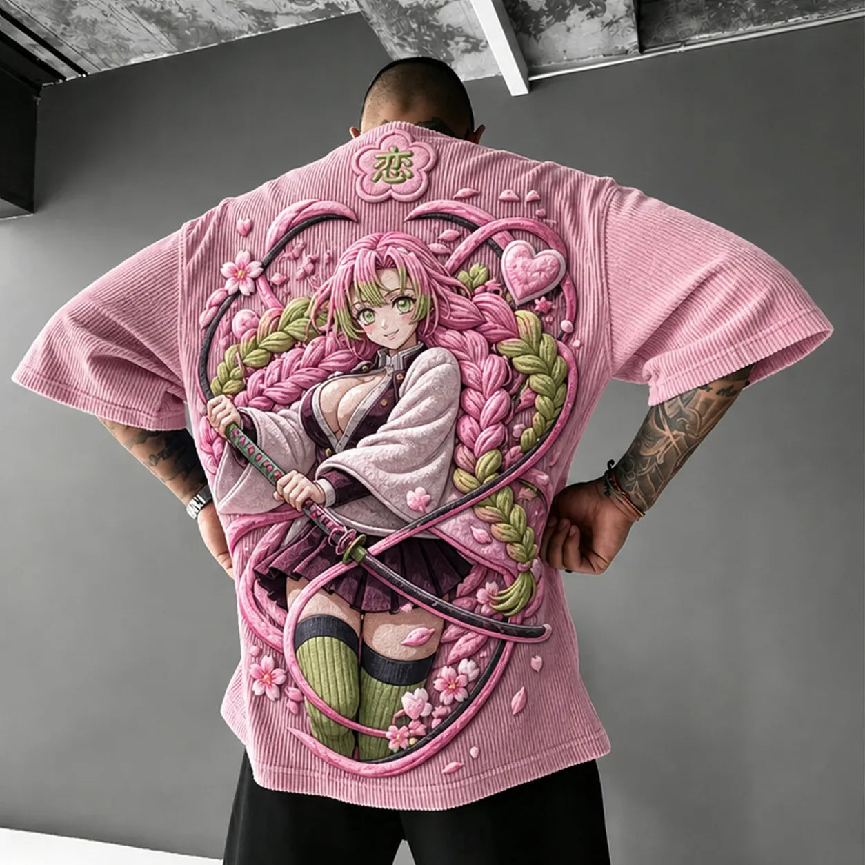 Unisex Anime-Style Retro Corduroy Oversized T-Shirt
