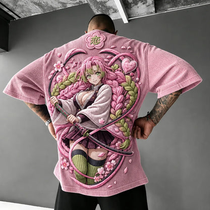 Unisex Anime-Style Retro Corduroy Oversized T-Shirt