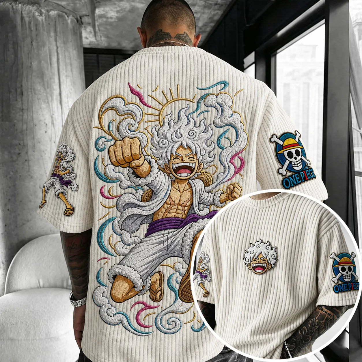 Premium Cotton-Blend Ribbed Knit T-Shirt with Anime Character Embroidery – Oversized Crewneck Streetwear Top