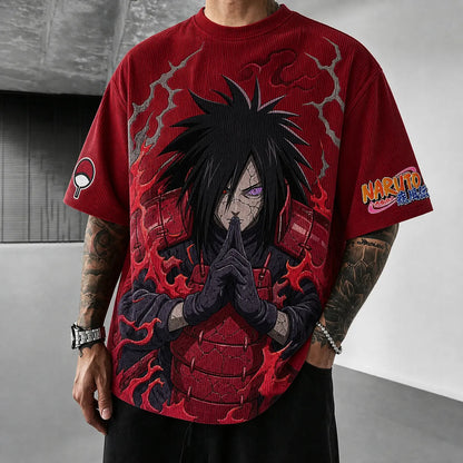 Unisex Oversized Anime-Print Vertical-Stripe Short-Sleeve T-Shirt