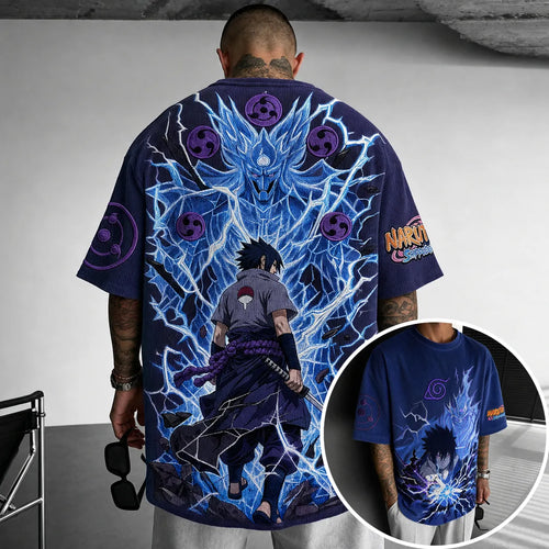 Unisex Oversized Anime-Print Vertical-Stripe Short-Sleeve T-Shirt