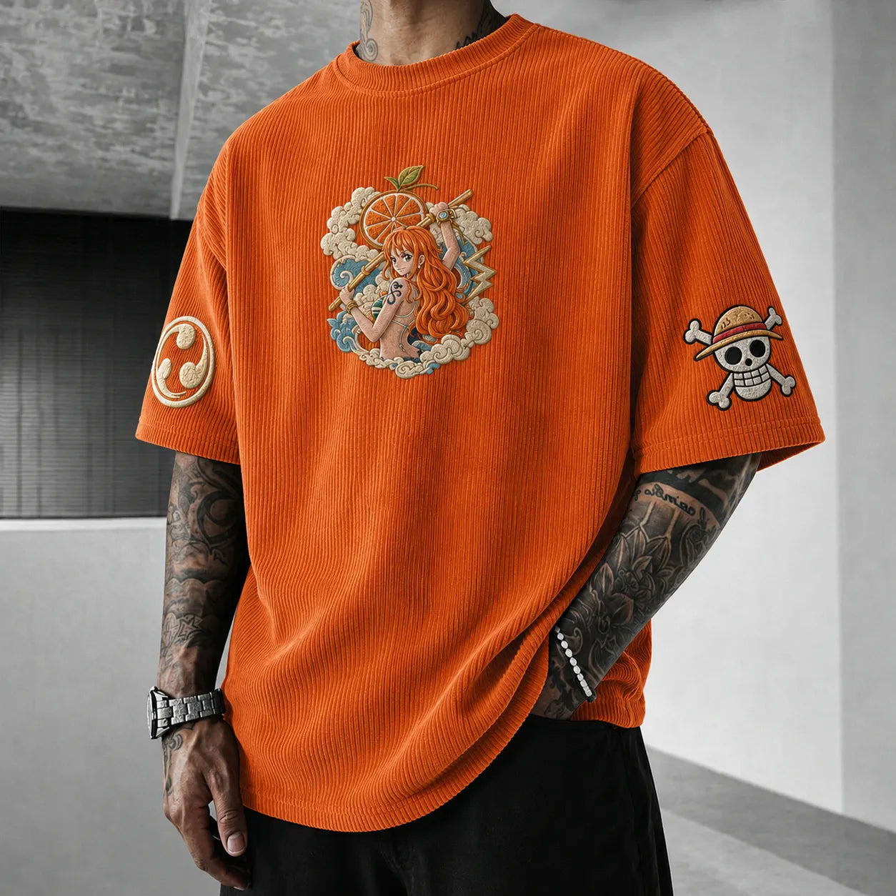 Unisex Anime-Style Retro Corduroy Oversized T-Shirt