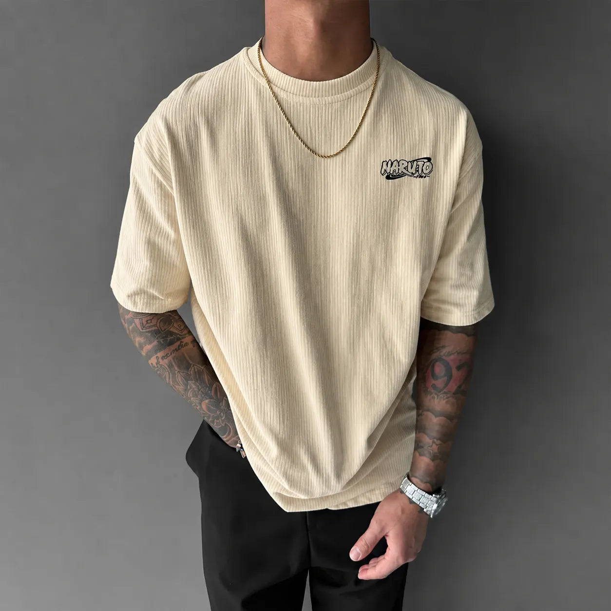 Unisex Anime-Style Retro Corduroy Oversized T-Shirt