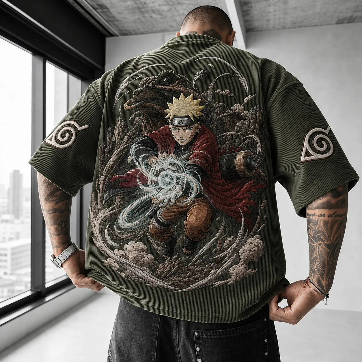 Unisex Oversized Anime-Print Vertical-Stripe Short-Sleeve T-Shirt