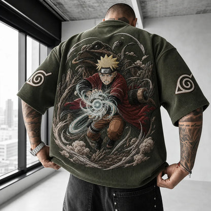 Unisex Oversized Anime-Print Vertical-Stripe Short-Sleeve T-Shirt
