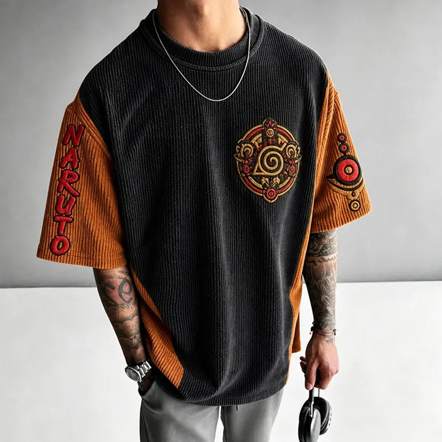 Unisex Oversized Anime-Print Vertical-Stripe Short-Sleeve T-Shirt