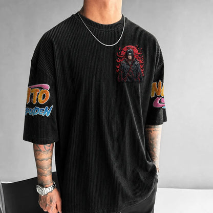 Unisex Anime-Style Retro Corduroy Oversized T-Shirt