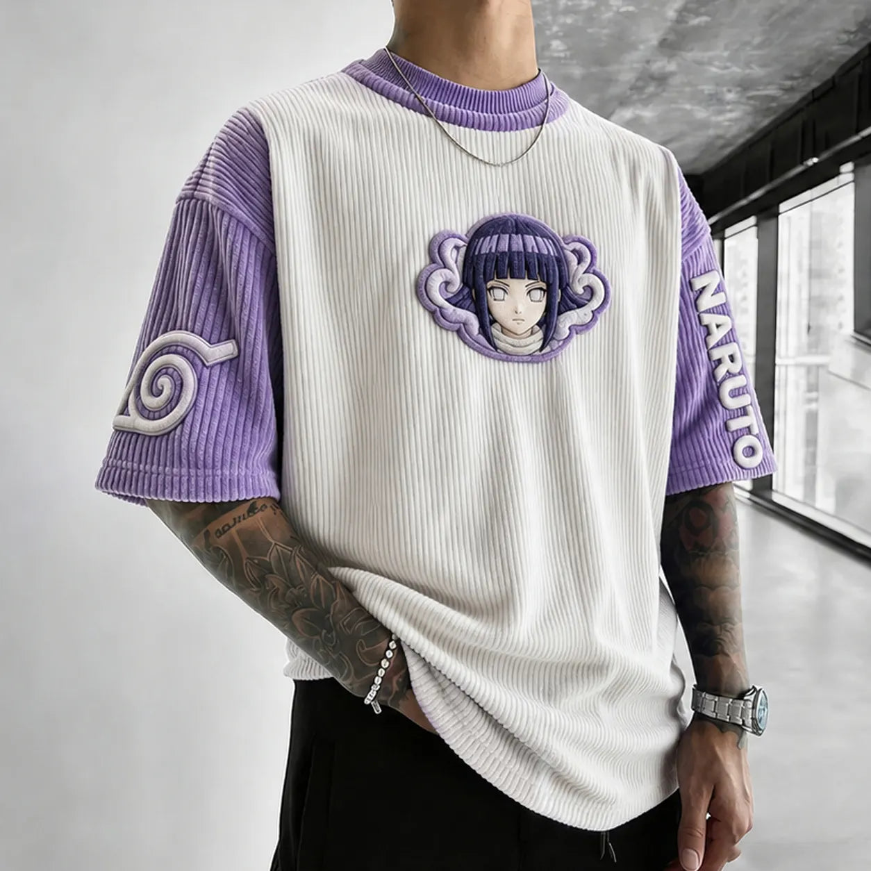 Hinata Hyuga Anime Graphic T-Shirt – Premium Cotton-Blend Ribbed Tee with Embroidered Sleeve Logo and Character Patch
