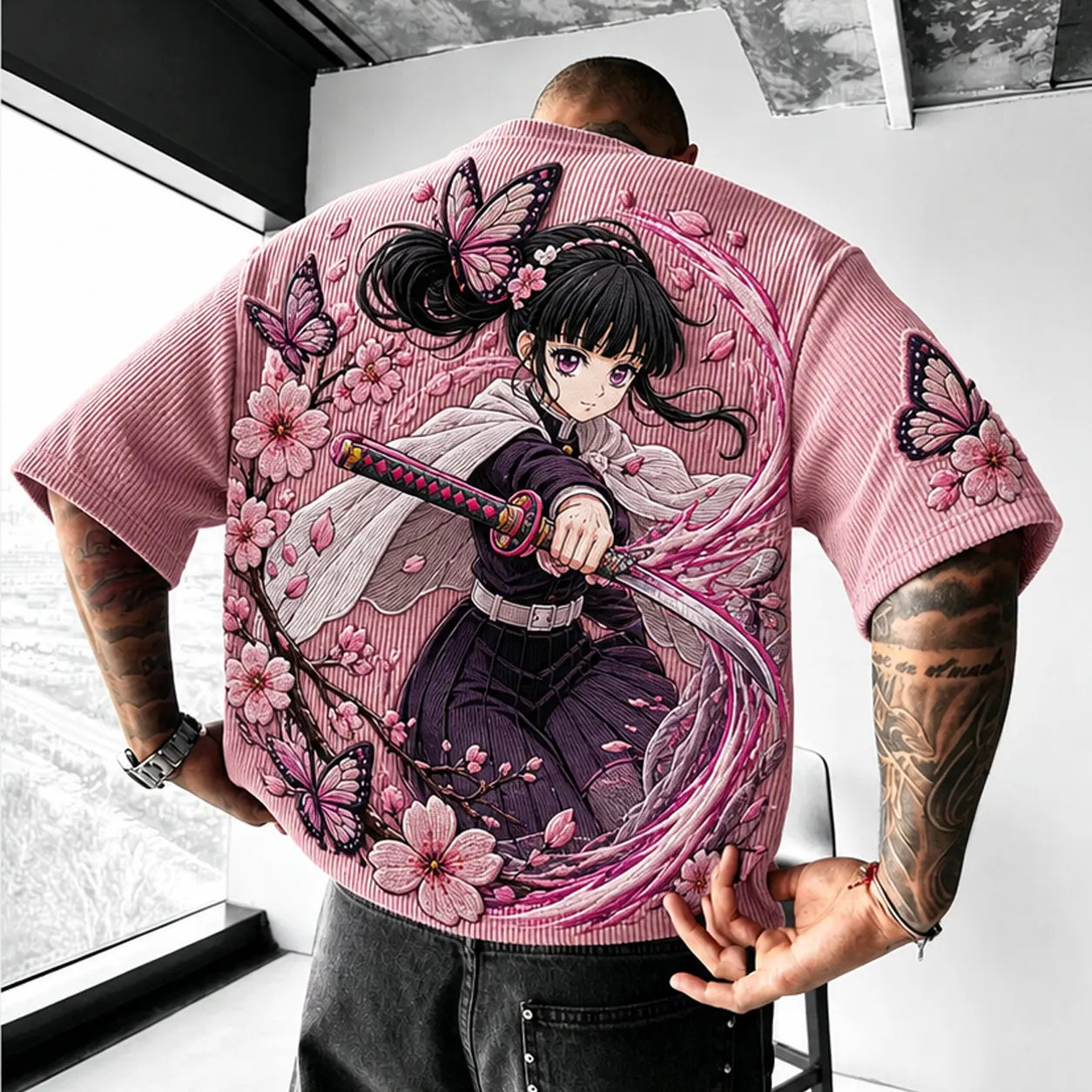 Unisex Anime-Style Retro Corduroy Oversized T-Shirt
