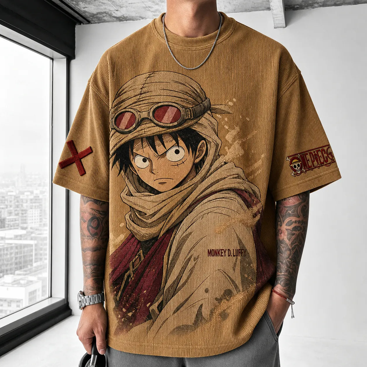 Unisex Short-Sleeve Corduroy T-Shirt With Anime Print