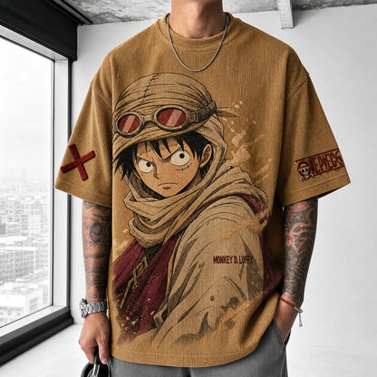 Unisex Short-Sleeve Corduroy T-Shirt With Anime Print