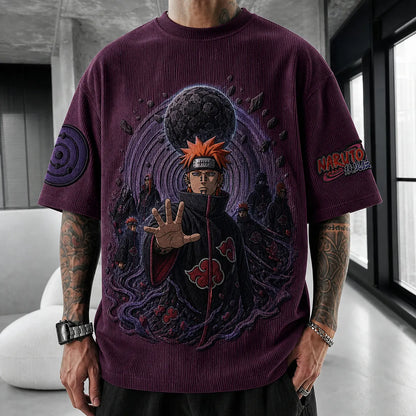 Unisex Oversized Anime-Print Vertical-Stripe Short-Sleeve T-Shirt
