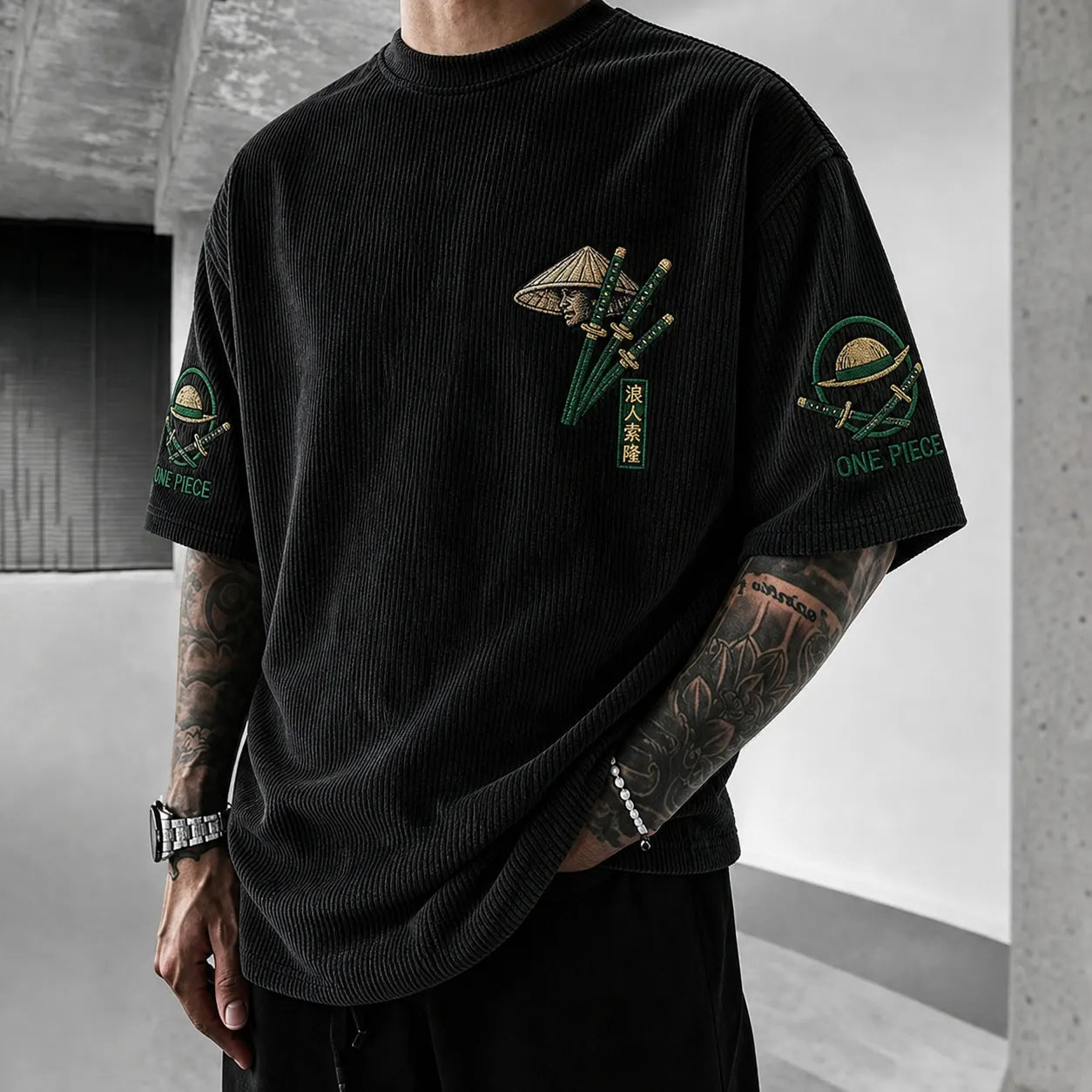 Unisex Short-Sleeve Corduroy T-Shirt With Anime Print